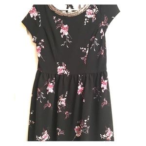 Cap-sleeve black floral dress (tea length)
